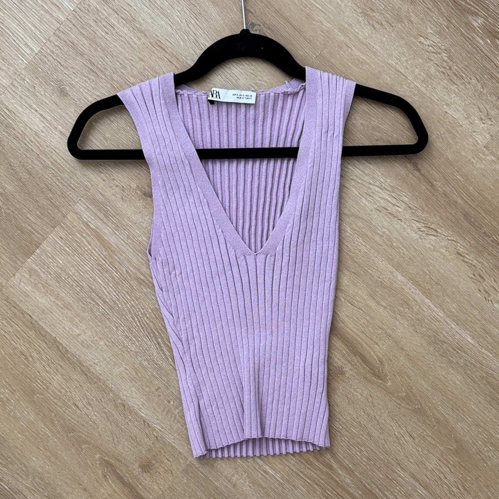 Zara Lilac Ribbed V-Neck Tank Top